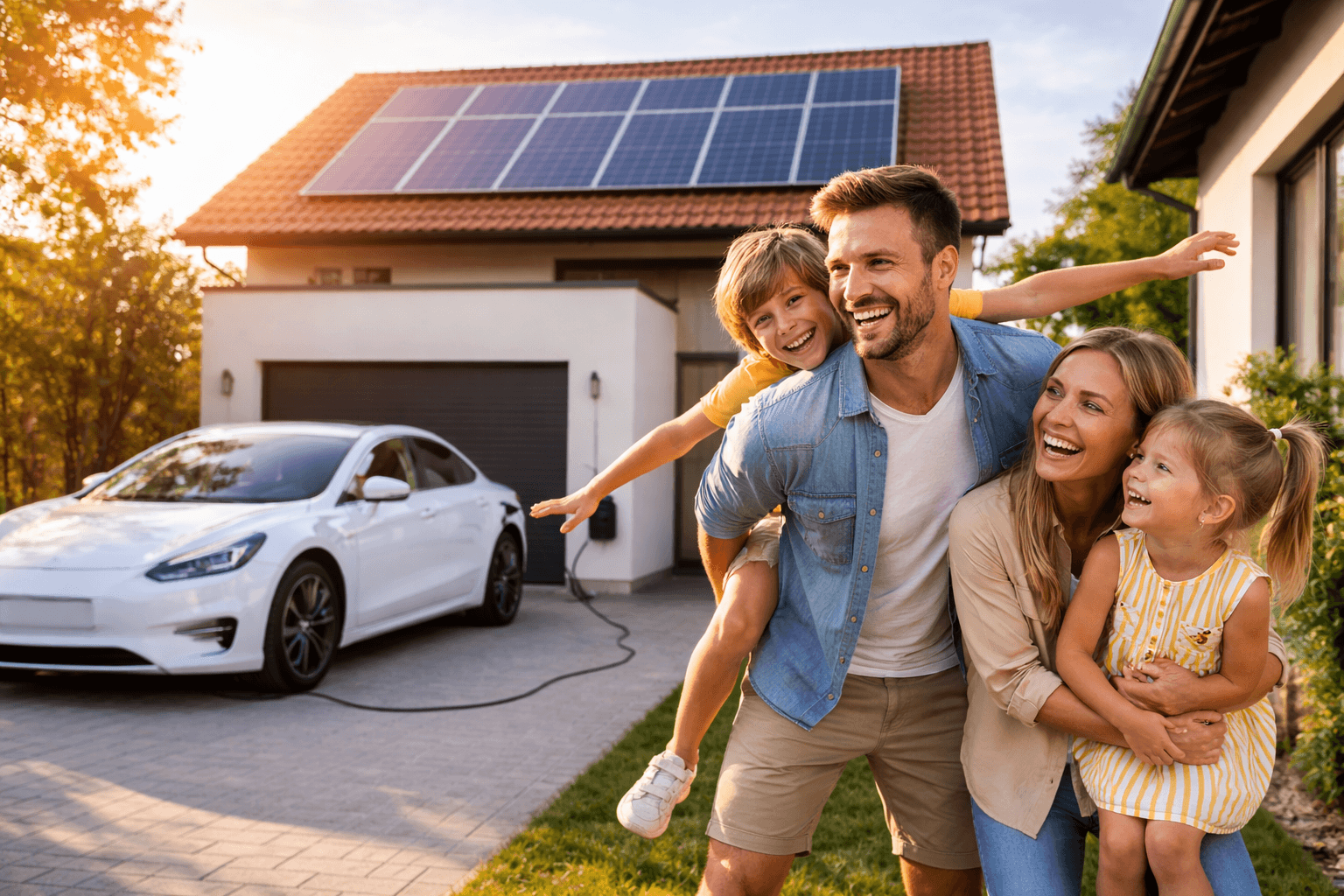 Família em casa a planear uma solução de energia