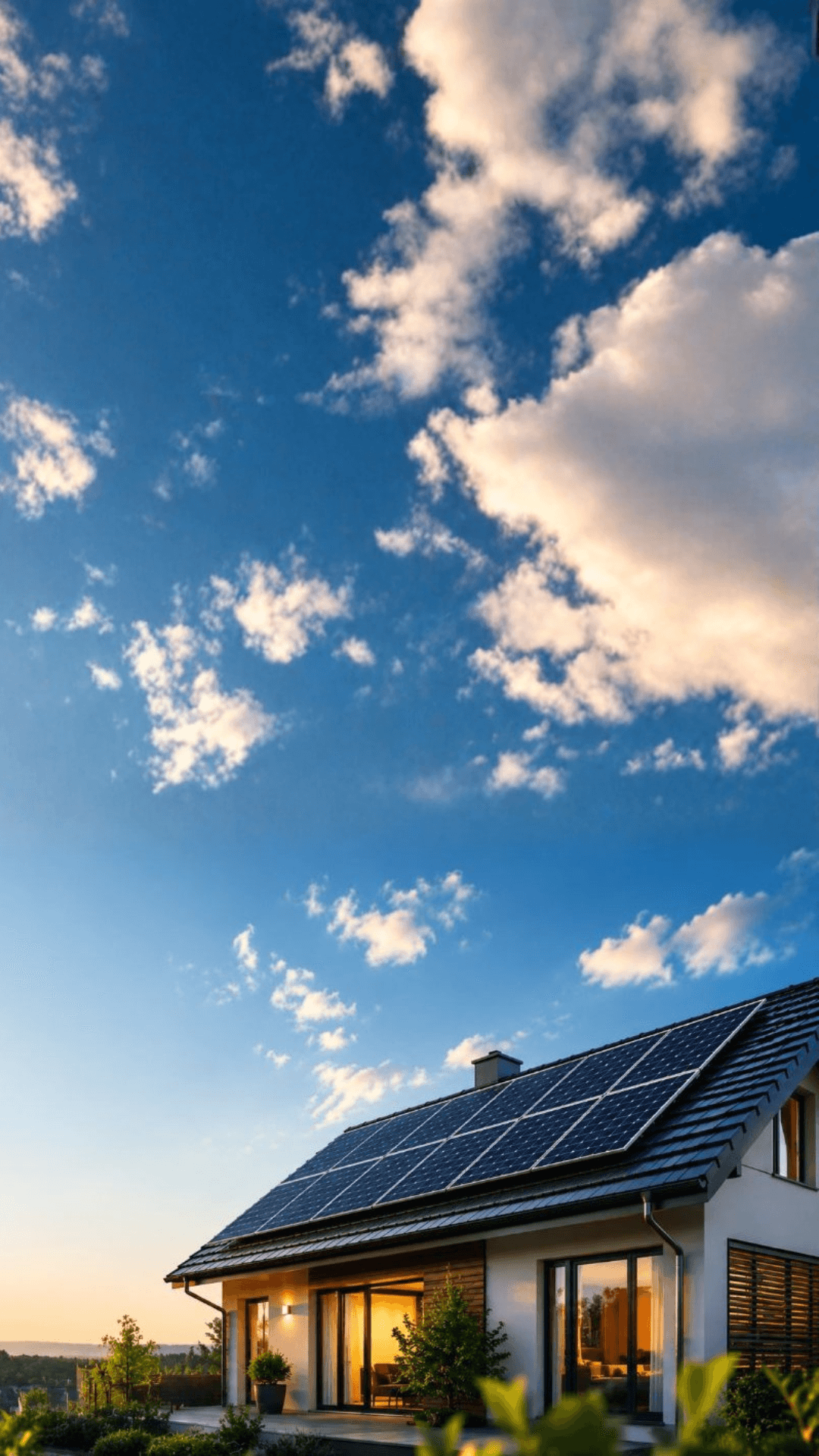 Técnico especializado em equipamento de segurança instalando painéis solares em telhado residencial com vista ensolarada
